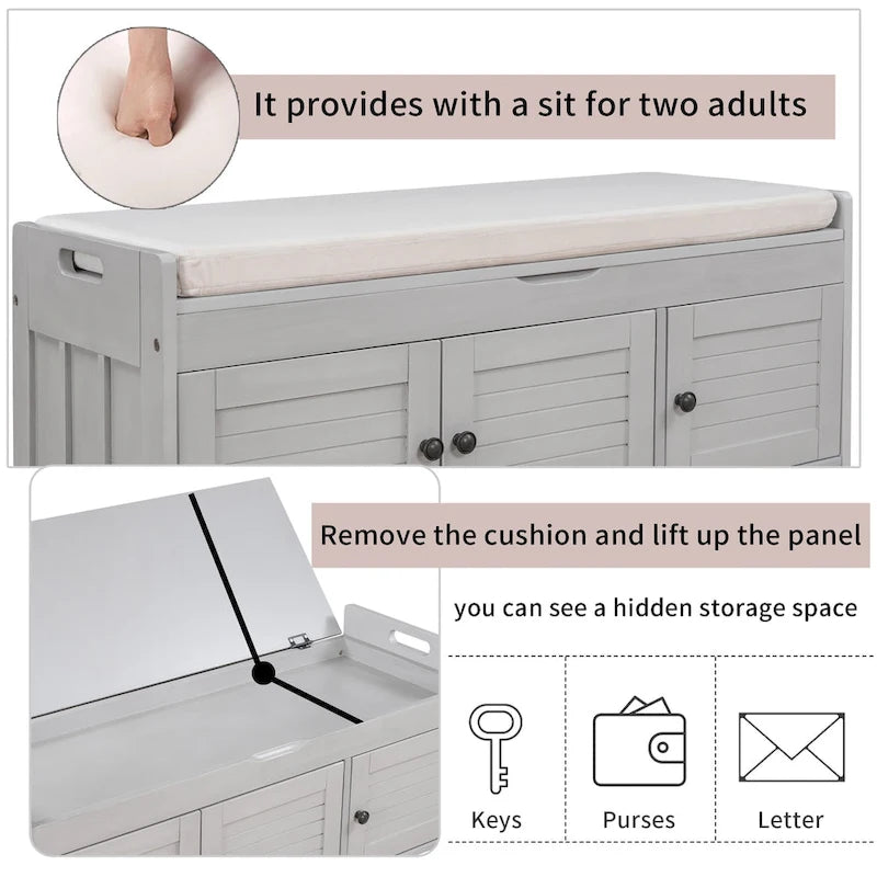 Banc de rangement rustique avec 3 portes, coussin amovible, pour 2 personnes, blanc / gris délavé / expresso / bleu marine antique