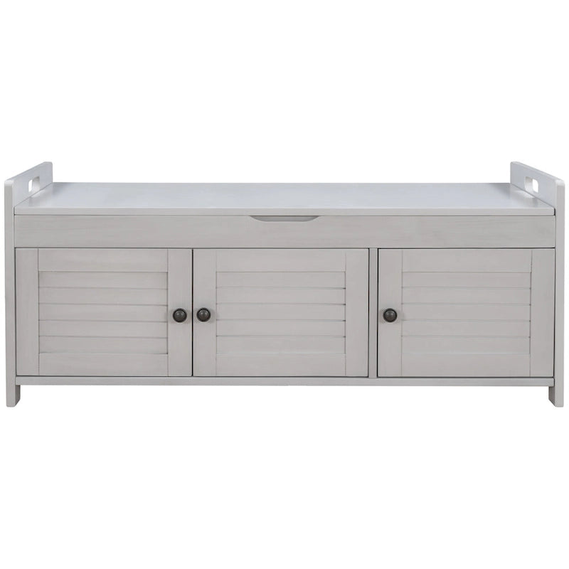 Banc de rangement rustique avec 3 portes, coussin amovible, pour 2 personnes, blanc / gris délavé / expresso / bleu marine antique