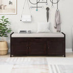 Banc de rangement rustique avec 3 portes, coussin amovible, pour 2 personnes, blanc / gris délavé / expresso / bleu marine antique