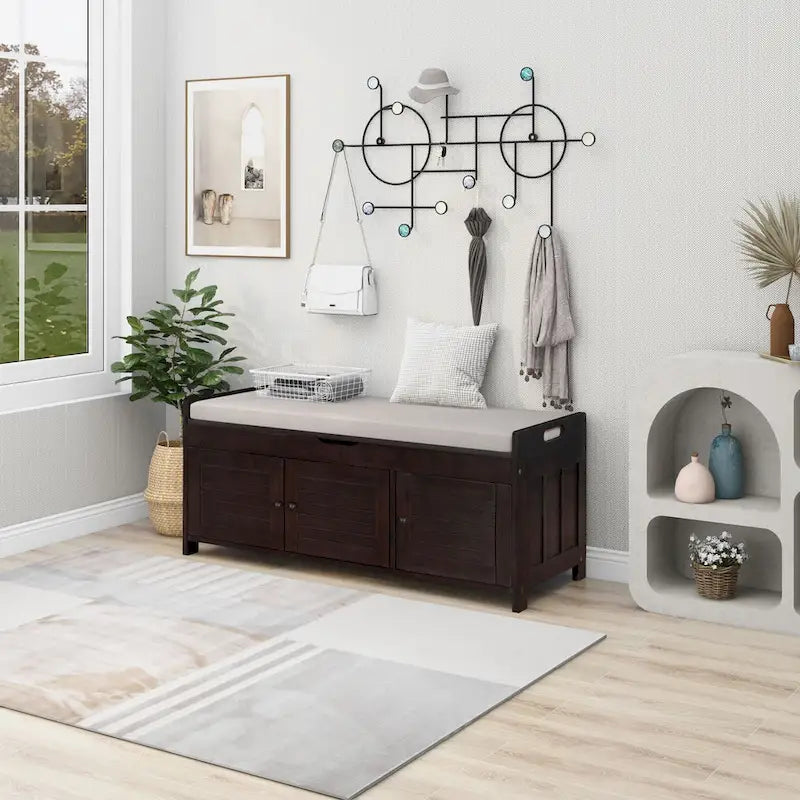 Banc de rangement rustique avec 3 portes, coussin amovible, pour 2 personnes, blanc / gris délavé / expresso / bleu marine antique