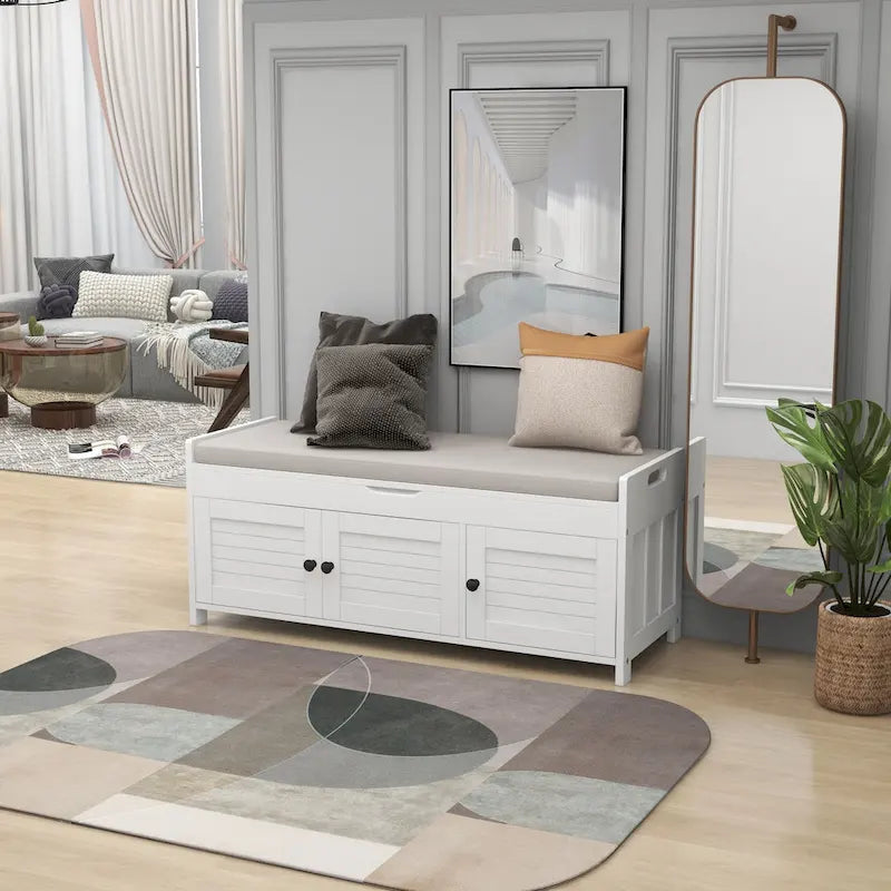 Banc de rangement rustique avec 3 portes, coussin amovible, pour 2 personnes, blanc / gris délavé / expresso / bleu marine antique