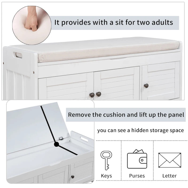 Banc de rangement rustique avec 3 portes, coussin amovible, pour 2 personnes, blanc / gris délavé / expresso / bleu marine antique