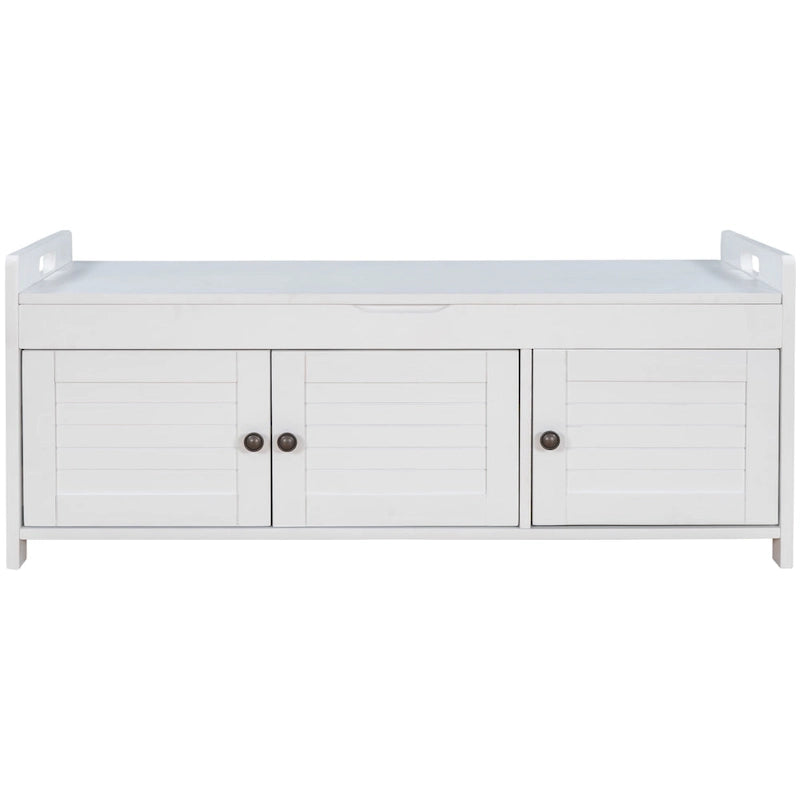 Banc de rangement rustique avec 3 portes, coussin amovible, pour 2 personnes, blanc / gris délavé / expresso / bleu marine antique