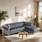 Canapé d'angle réversible en velours bleu / gris avec méridienne, en forme de L, 4 places