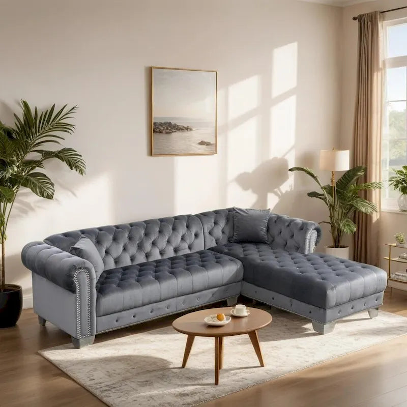 Canapé d'angle réversible en velours bleu / gris avec méridienne, en forme de L, 4 places