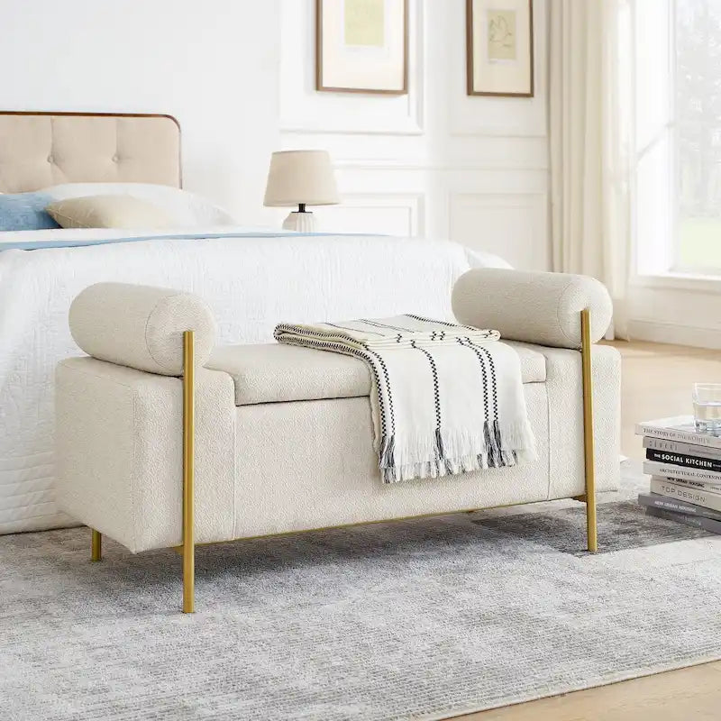 Banc de rangement velours beige/vert avec accoudoirs cylindriques, une place