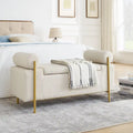 Banc de rangement velours beige/vert avec accoudoirs cylindriques, une place