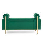 Banc de rangement velours beige/vert avec accoudoirs cylindriques, une place
