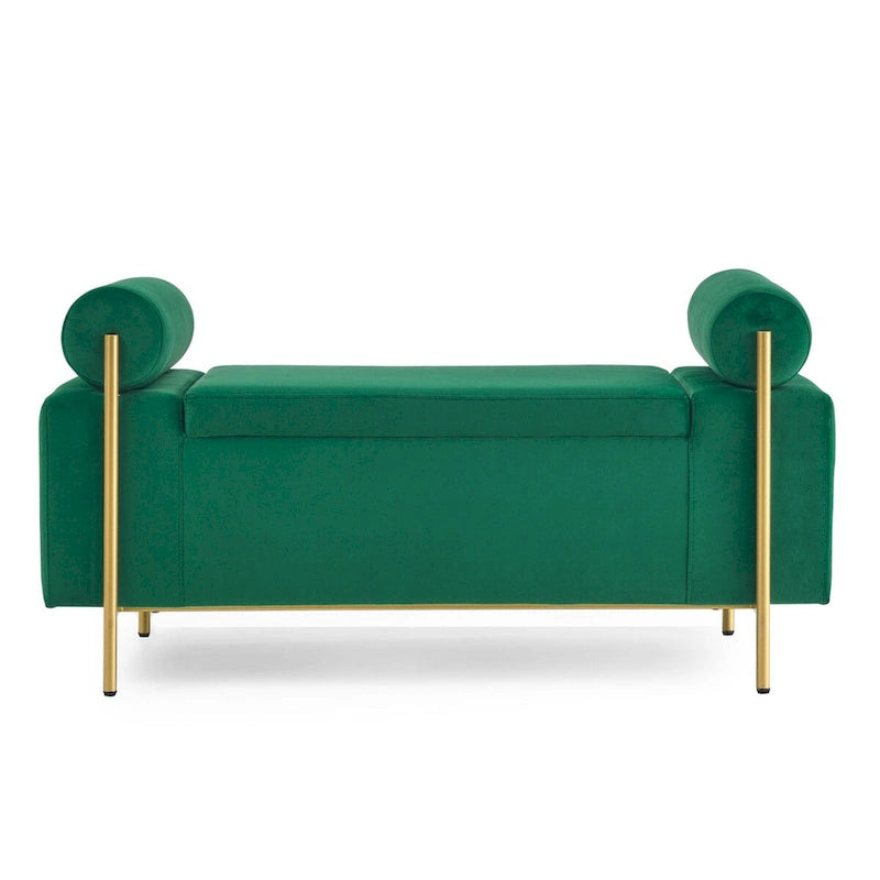 Banc de rangement velours beige/vert avec accoudoirs cylindriques, une place