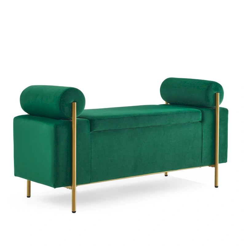 Banc de rangement velours beige/vert avec accoudoirs cylindriques, une place