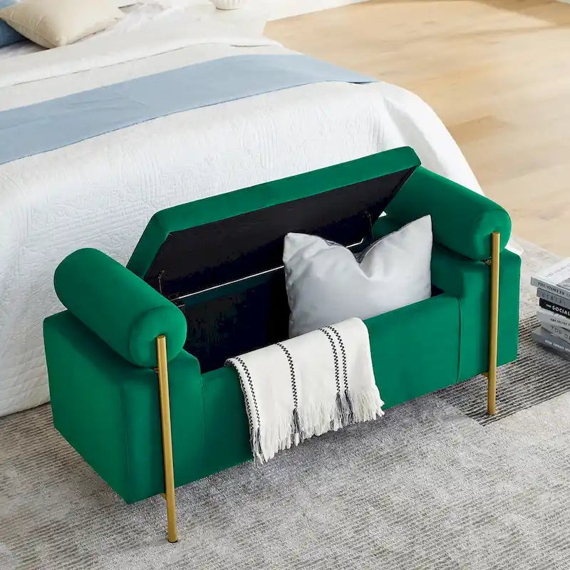 Banc de rangement velours beige/vert avec accoudoirs cylindriques, une place