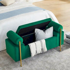 Banc de rangement velours beige/vert avec accoudoirs cylindriques, une place