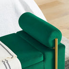 Banc de rangement velours beige/vert avec accoudoirs cylindriques, une place