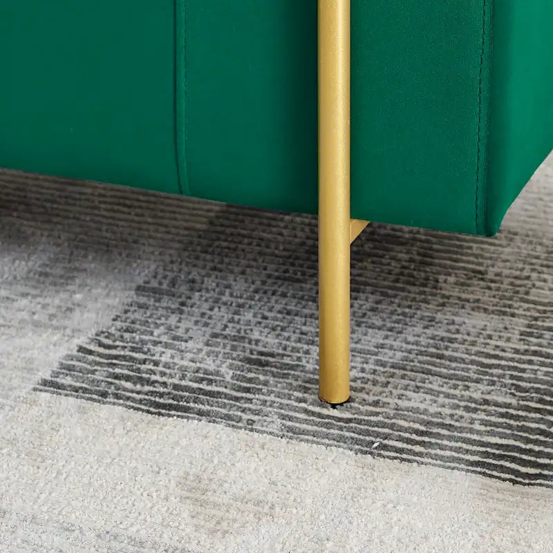 Banc de rangement velours beige/vert avec accoudoirs cylindriques, une place