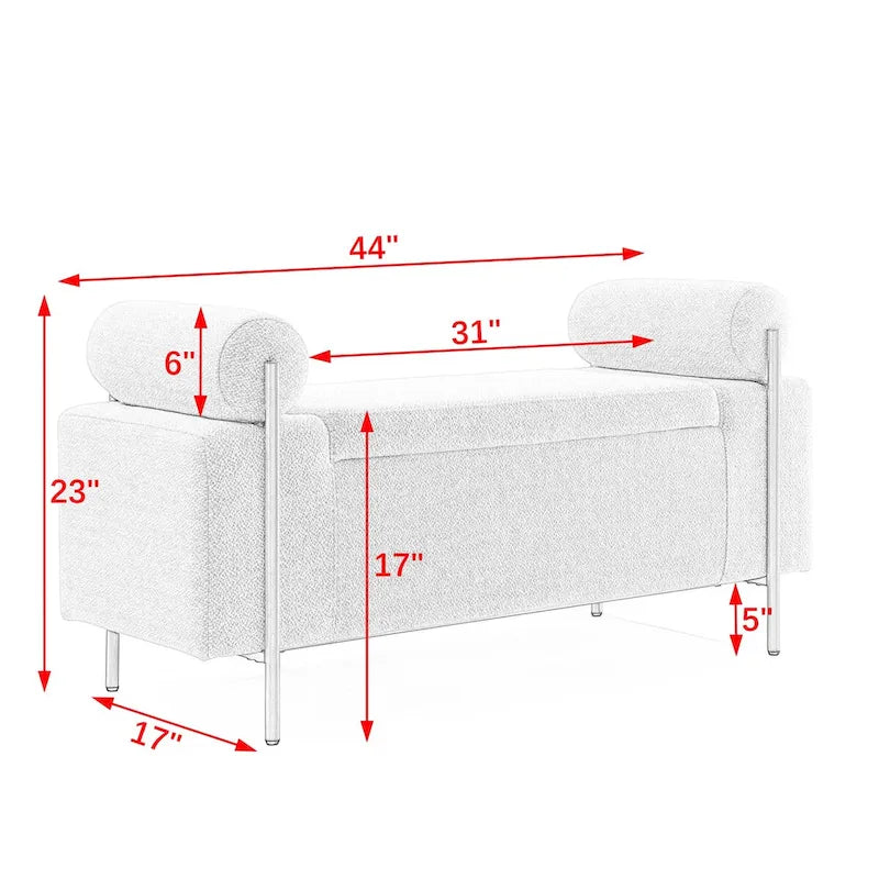 Banc de rangement velours beige/vert avec accoudoirs cylindriques, une place