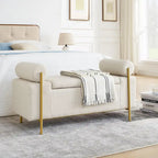 Banc de rangement velours beige/vert avec accoudoirs cylindriques, une place