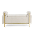 Banc de rangement velours beige/vert avec accoudoirs cylindriques, une place