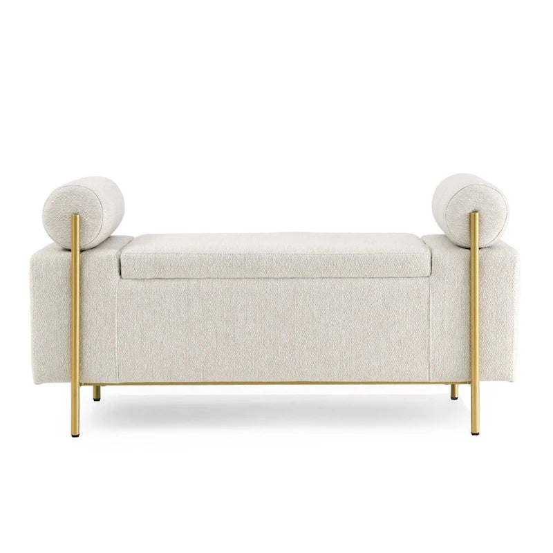 Banc de rangement velours beige/vert avec accoudoirs cylindriques, une place