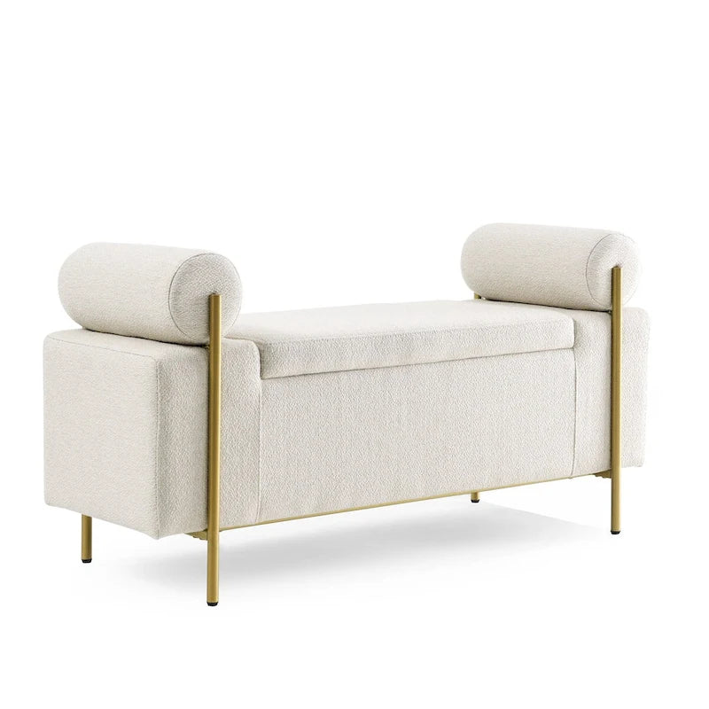 Banc de rangement velours beige/vert avec accoudoirs cylindriques, une place