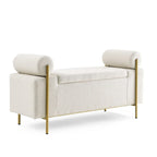 Banc de rangement velours beige/vert avec accoudoirs cylindriques, une place