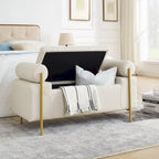 Banc de rangement velours beige/vert avec accoudoirs cylindriques, une place