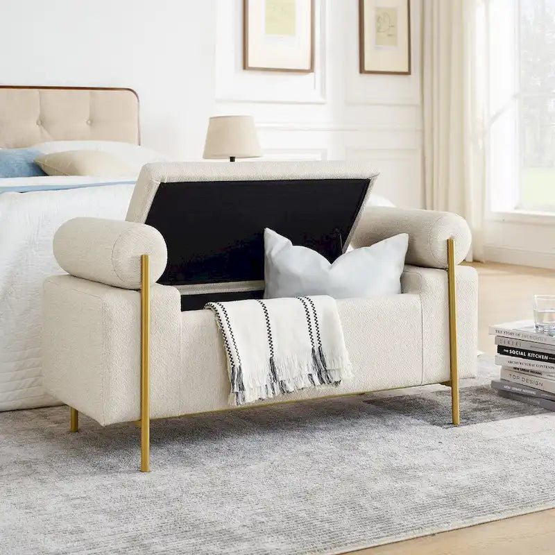 Banc de rangement velours beige/vert avec accoudoirs cylindriques, une place