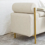 Banc de rangement velours beige/vert avec accoudoirs cylindriques, une place