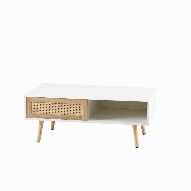 Table basse rectangulaire en rotin avec rangement, Blanc / Naturel