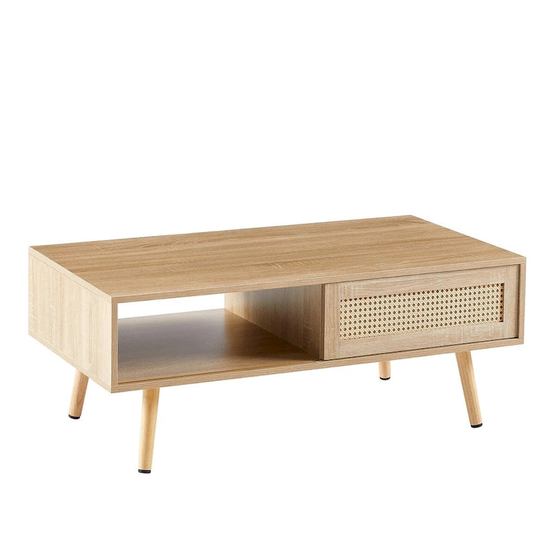 Table basse rectangulaire en rotin avec rangement, Blanc / Naturel