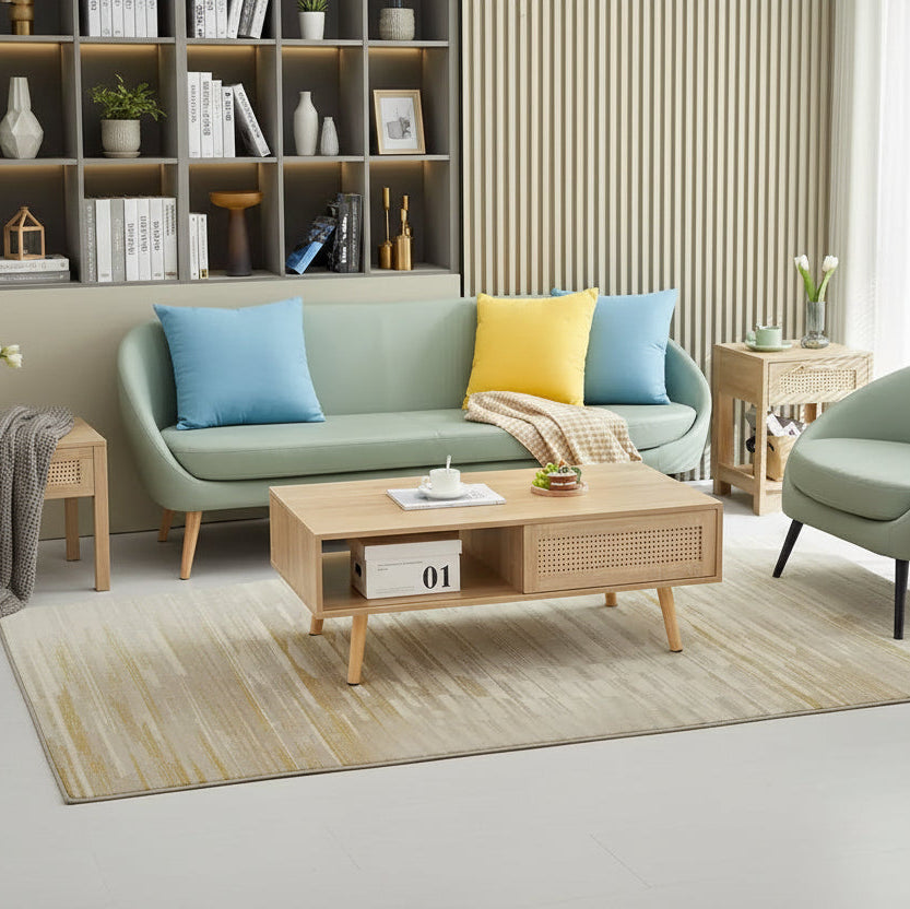 Table basse rectangulaire en rotin avec rangement, Blanc / Naturel