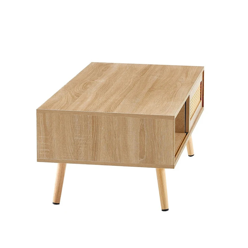 Table basse rectangulaire en rotin avec rangement, Blanc / Naturel