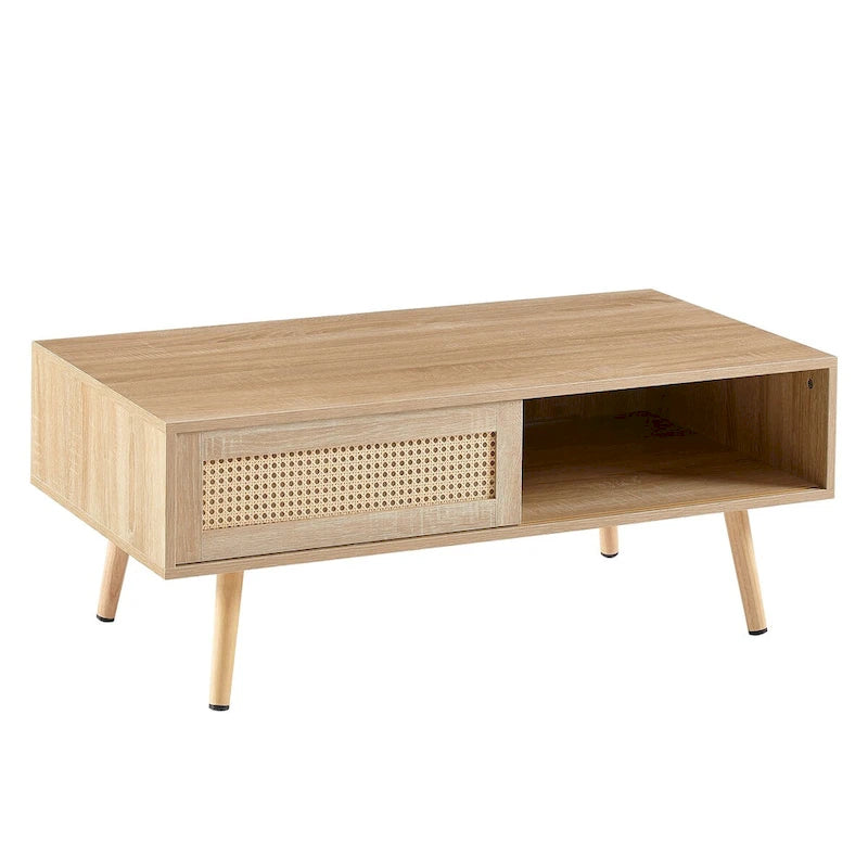 Table basse rectangulaire en rotin avec rangement, Blanc / Naturel