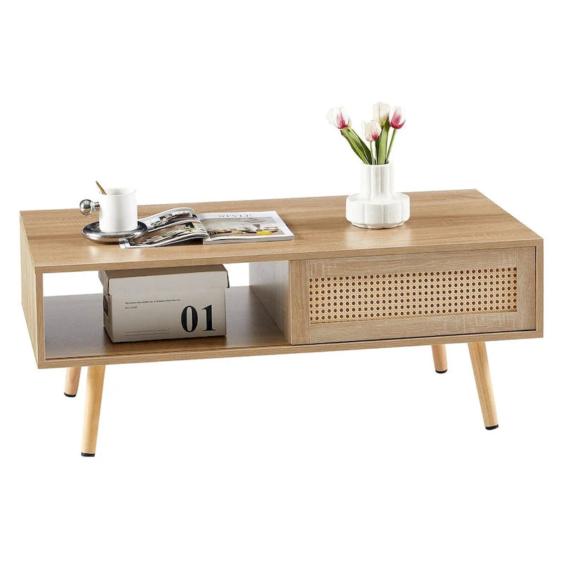 Table basse rectangulaire en rotin avec rangement, Blanc / Naturel