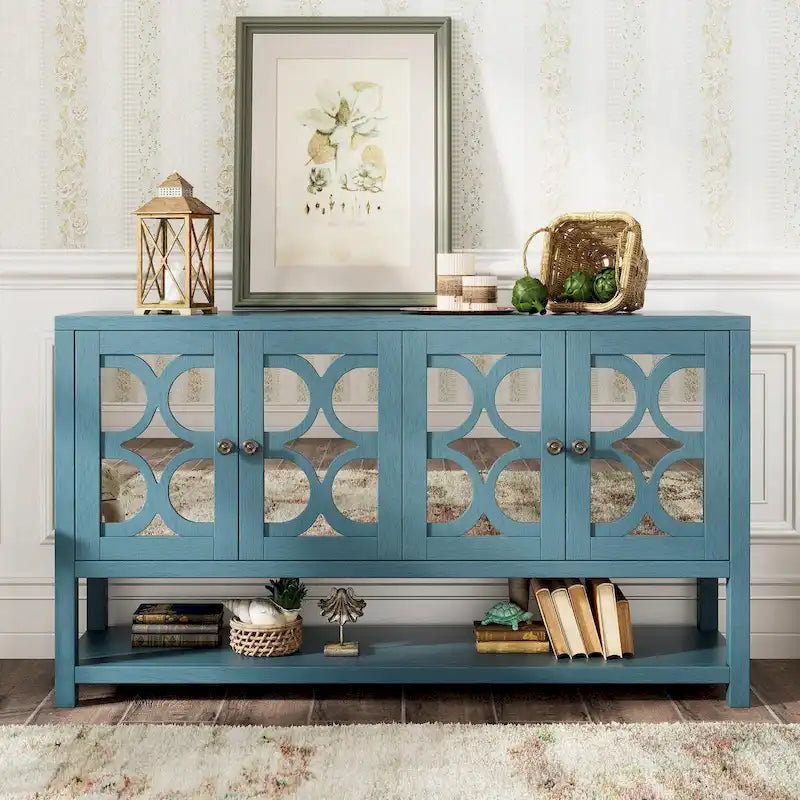 Table console avec portes miroir — Bleu Marine Antique / Blanc / Espresso, assemblage par 1 personne