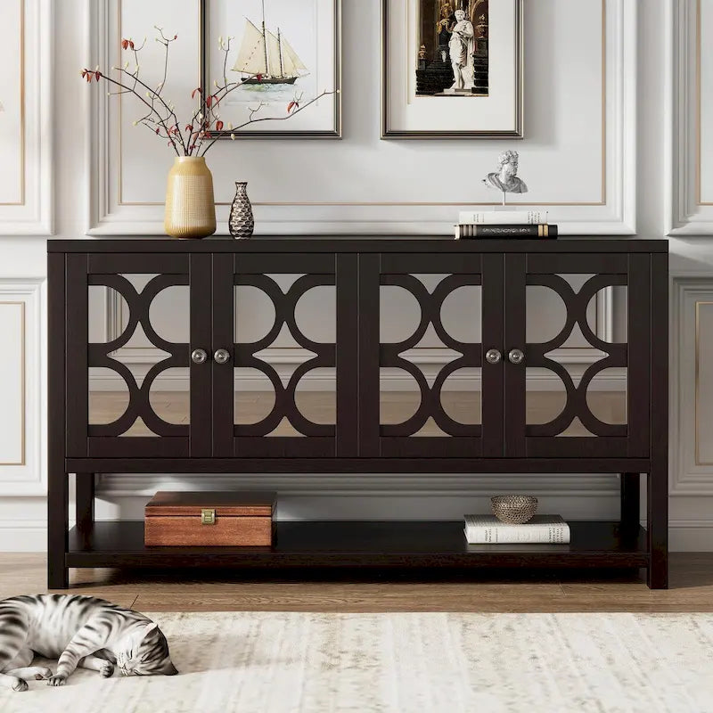 Table console avec portes miroir — Bleu Marine Antique / Blanc / Espresso, assemblage par 1 personne
