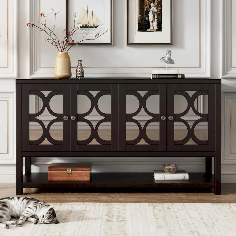 Elegant Retro Console Table with Mirrored Doors, Spacious Shelves and Durable Acacia Wood Legs