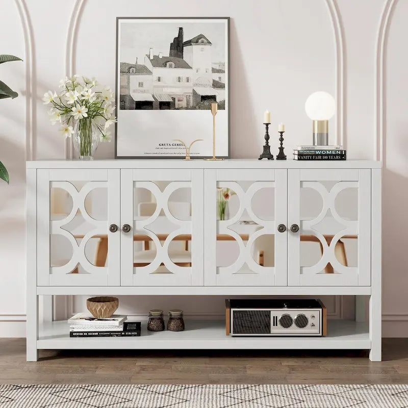 Table console avec portes miroir — Bleu Marine Antique / Blanc / Espresso, assemblage par 1 personne