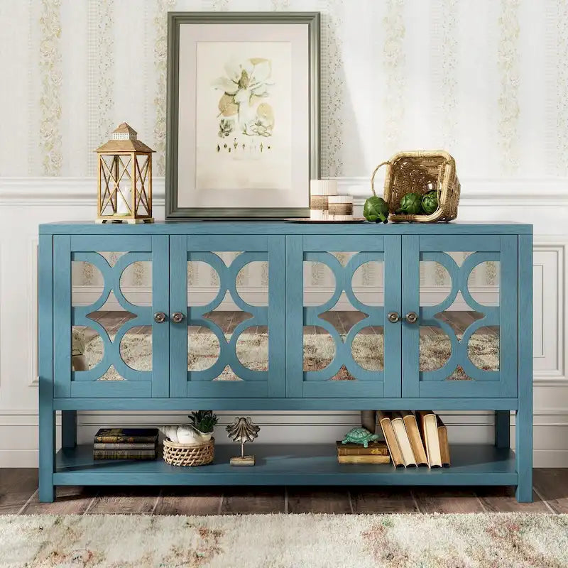 Table console avec portes miroir — Bleu Marine Antique / Blanc / Espresso, assemblage par 1 personne