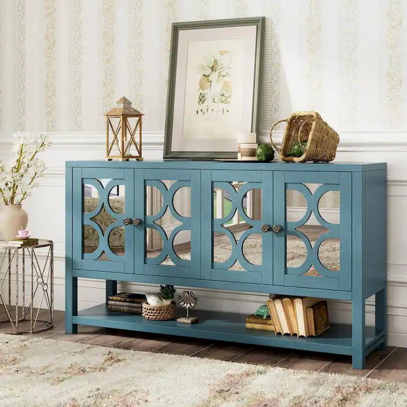 Table console avec portes miroir — Bleu Marine Antique / Blanc / Espresso, assemblage par 1 personne