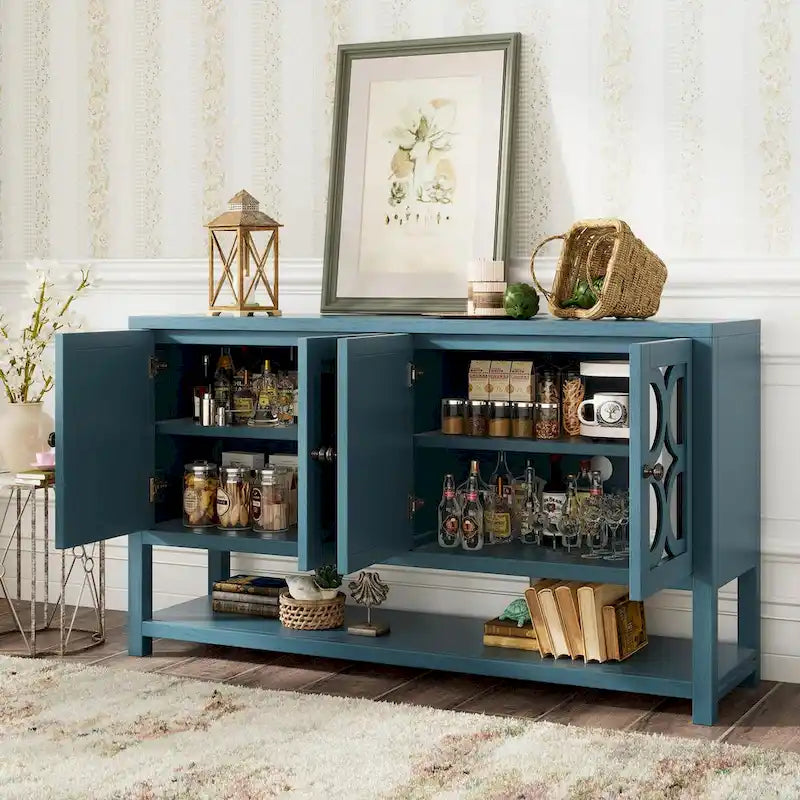 Table console avec portes miroir — Bleu Marine Antique / Blanc / Espresso, assemblage par 1 personne