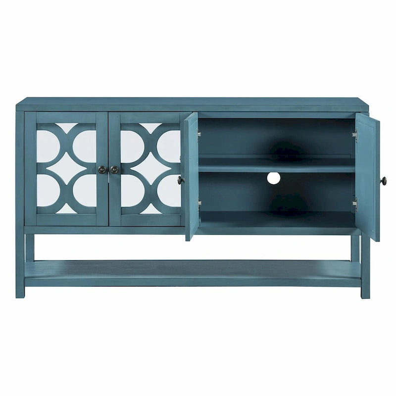 Table console avec portes miroir — Bleu Marine Antique / Blanc / Espresso, assemblage par 1 personne