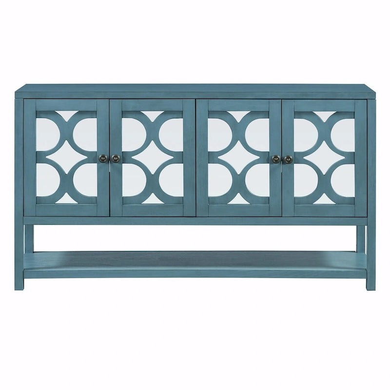 Table console avec portes miroir — Bleu Marine Antique / Blanc / Espresso, assemblage par 1 personne
