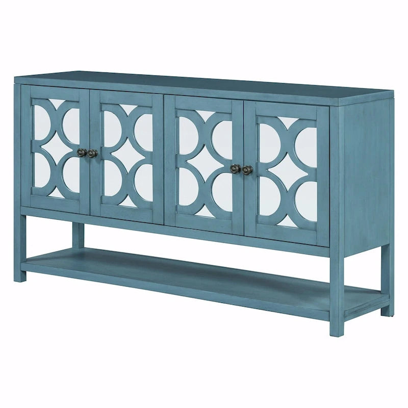 Table console avec portes miroir — Bleu Marine Antique / Blanc / Espresso, assemblage par 1 personne
