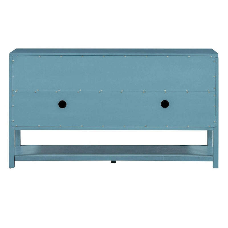Table console avec portes miroir — Bleu Marine Antique / Blanc / Espresso, assemblage par 1 personne