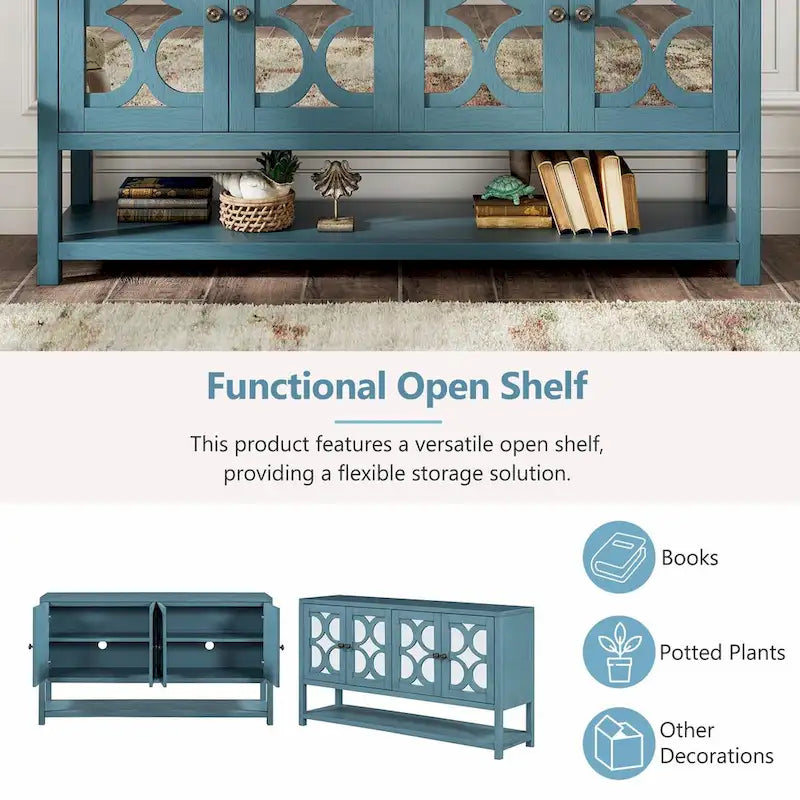 Table console avec portes miroir — Bleu Marine Antique / Blanc / Espresso, assemblage par 1 personne