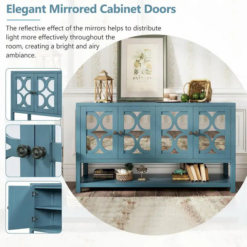 Table console avec portes miroir — Bleu Marine Antique / Blanc / Espresso, assemblage par 1 personne