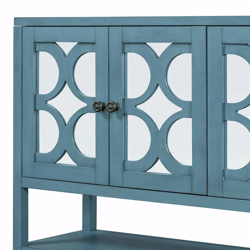 Table console avec portes miroir — Bleu Marine Antique / Blanc / Espresso, assemblage par 1 personne
