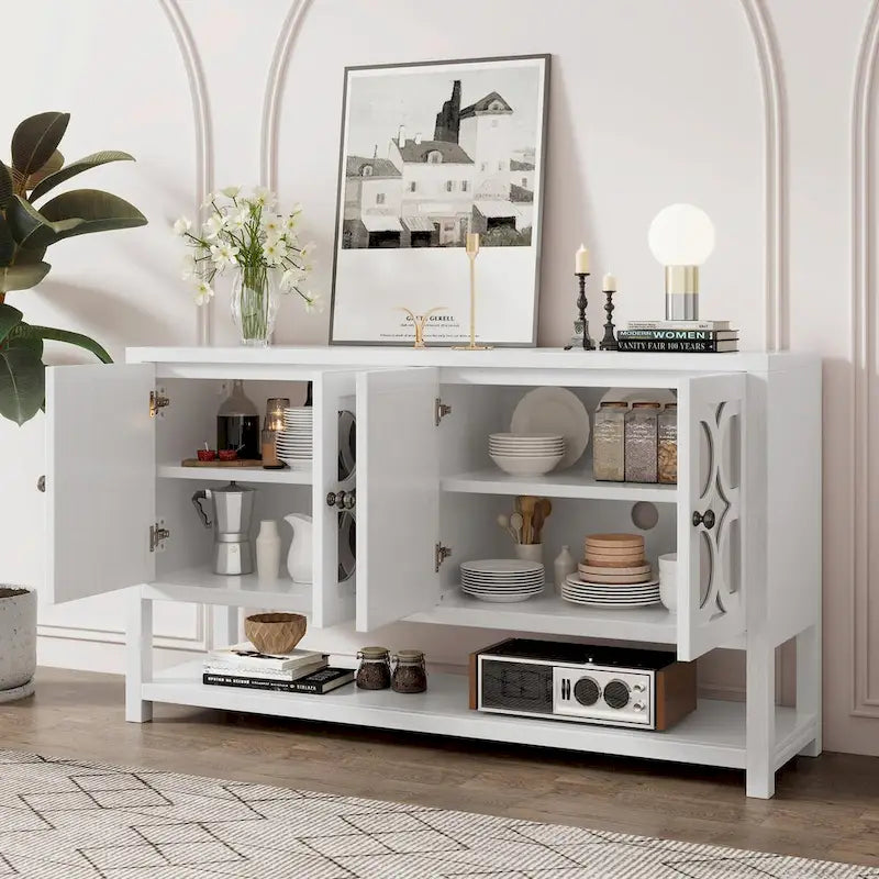 Table console avec portes miroir — Bleu Marine Antique / Blanc / Espresso, assemblage par 1 personne