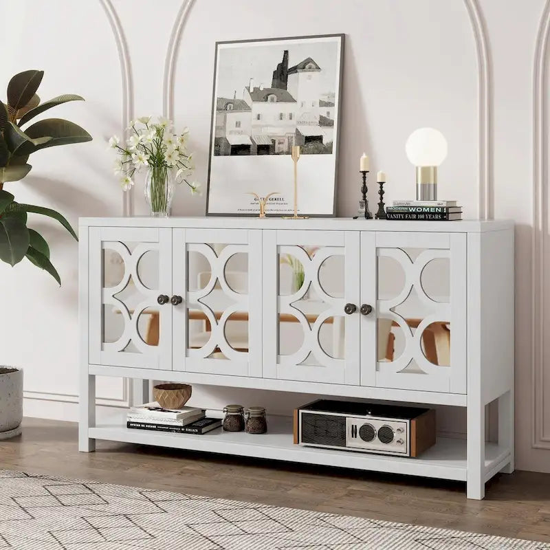Table console avec portes miroir — Bleu Marine Antique / Blanc / Espresso, assemblage par 1 personne