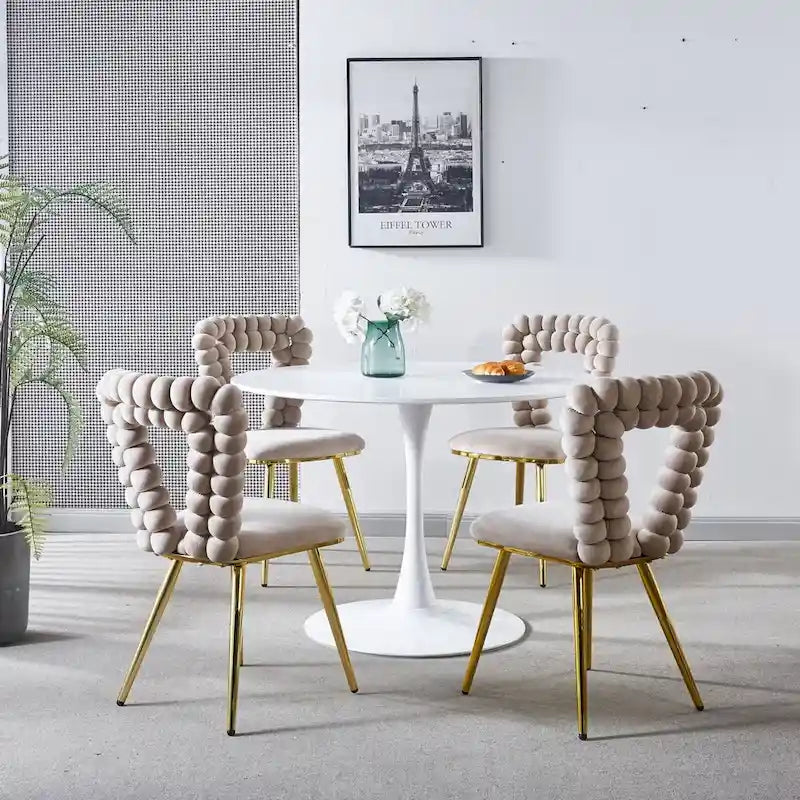 Chaises de salle à manger rembourrées, lot de 4 – Jaune / Blanc+Or, piétement en acier